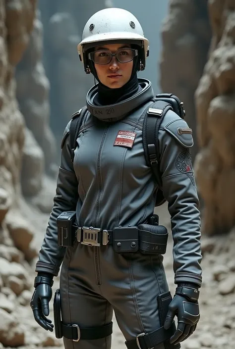 Technician with white helmet, lead-colored uniform, long sleeves, rock face and glasses