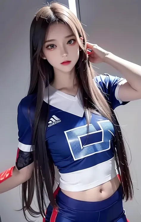 Woman with long hair straight, football jersey 84 in shirt, high detailed, realistic, ultra realistic, football skin t shirt and ((football short pant)), blue color shirt football skin shirt , ((red eyes)), tattoo arm, ((right arm tattoo))