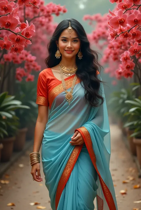 Photorealistic cinematic acrylic painting of an image from an Indian film of a beautiful Indonesian girl with smooth white skin, perfectly groomed face posing walking while smiling towards the camera in a light blue saree with bright red gradient satin ado...