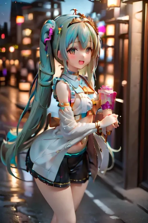 1girl, Hatsune Miku, princess outfit, crown, gold, ((throne)), in a castle, Middle Ages, wearing a blue vest, one foot on the ground, the other foot calf turned outward, one hand holding the microphone, the other hand across the eyes Biye, white background