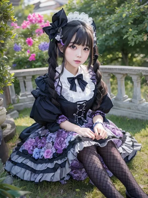 Japanese woman in black and purple lolita fashion。I&#39;m sitting on the ground。She has big eyes、It has a lustrous look。Large Breasts。Hairstyle: Long black hair。The location is the garden、Typical frills in sweet lolita fashion、ribbon、Highlight the lace。靴下は...