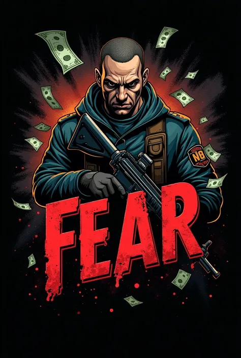 Create a logo where it says "fear". With a background that is of a kind of mafia military man with an AK 47 in his hands, Also add details like money and drugs in the air. No te olvides de que el lo que mas se tiene que ver es fear