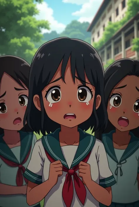 A sri lankan 10 year school girl crying 
All the friends are consoling her
She cries because she ate some tiny unknown fruit 