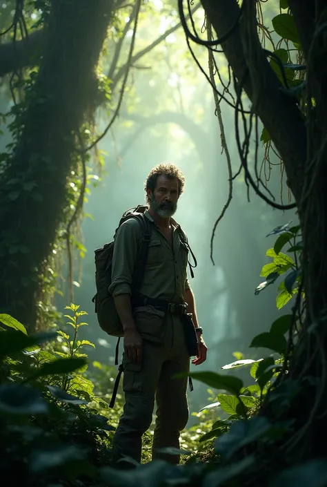 Create a image of a man standing in the lost in the jungle with screened 