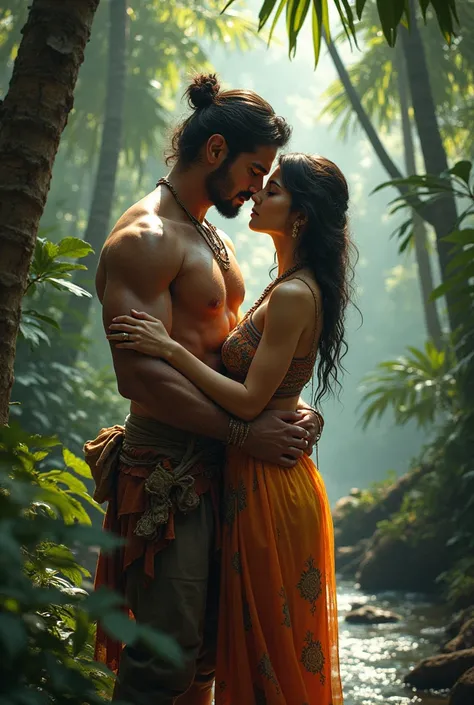 There is a woman with a stranger man in his arms with Indian culture in jungle.