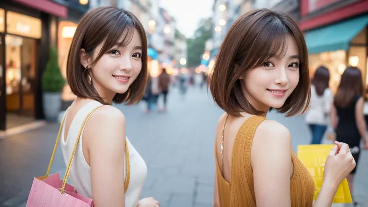 4K A woman in her 30s with short hair　Shortcuts　Brown Hair　Smiling woman　Looking at the camera　The background is a shopping street　A woman with beautiful hair　Shiny hairな女性　Shiny hair　A woman with shiny hair　Straight Hair　Short Bob