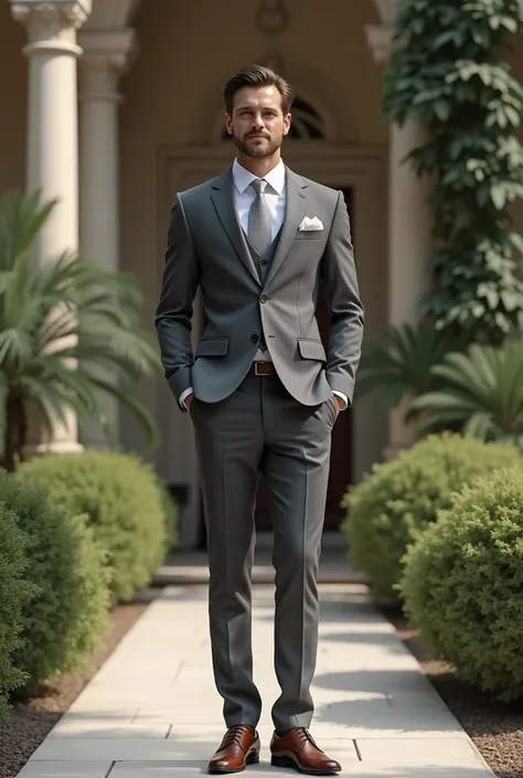 The groom wears a grey suit