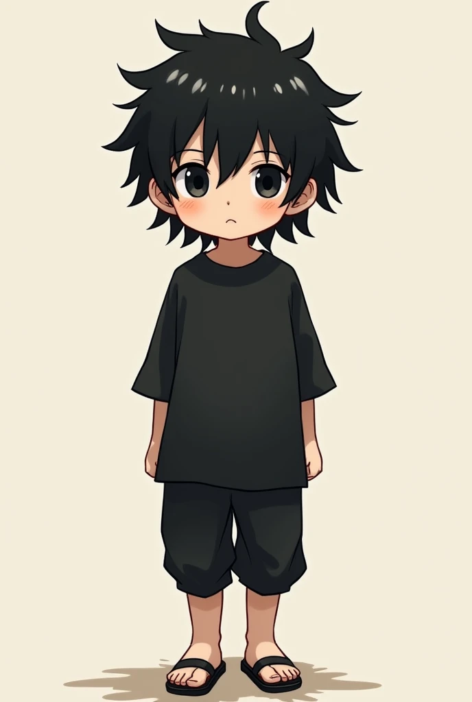 an  child, with medium length, spiky black hair that fell down and with a fringe. My eyes were onyx and kind, I wore a black shirt and pants of the same color, I wore black sandals without any detail