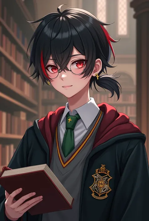 man,Black hair,Red hair ends,white skin,Red eyes,Wear glasses,Wearing a male student uniform,Hands holding a book,Ponytail,Green tie,Black student uniform,Ear piercing,Wear cross earrings,The shirt pocket has the Hogwarts logo.,Put on your Slytherin robes,...