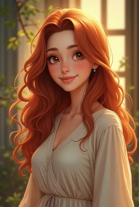 
"Alice is a woman in her late 30s or early 40s, with a serene and natural beauty. He has red hair, long and wavy, that falls softly on your shoulders. His eyes are a warm brown color, full of life and compassion, reflecting his kind and supportive charact...