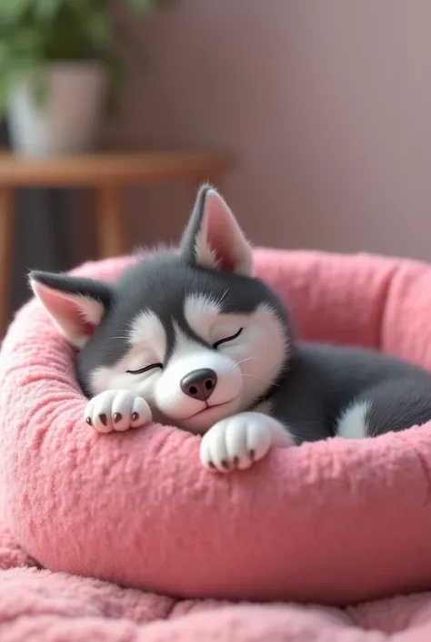 An animated adult Siberian puppy sleeping in her pink bed 