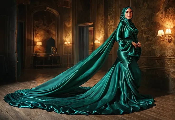 woman shrouded in a 10-meter-long, plush dark green semi transparent satin shimmer cloth, tightly bound and grandly draping alon...