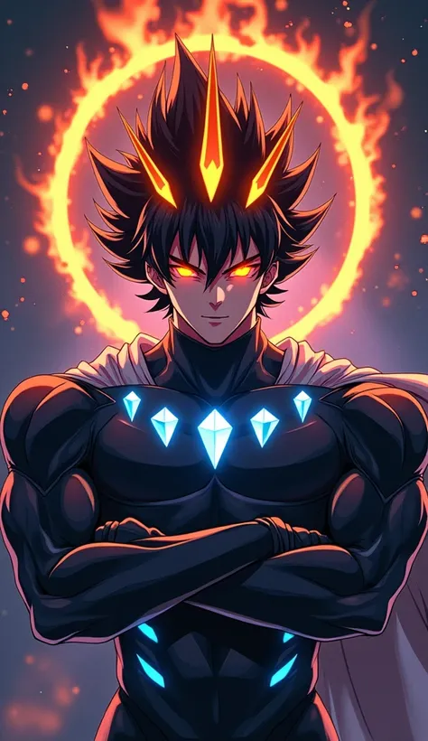 Create an image showing the face and upper chest of a muscular young man with black hair and glowing orange-red eyes. He is wearing a black crown with five sharp spikes, each spike engulfed in orange flames, releasing dark gray smoke. The crown is adorned ...