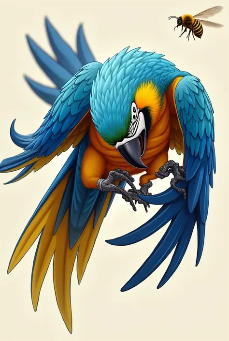 Create an IMAGE of a blue macaw swatting a yellow bee with black stripes, punching the bee, eating the bee 