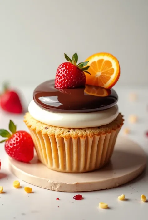 Cupcake cup with cookie base, In the center a white cream and on top a chocolate covering, decorated with fruits