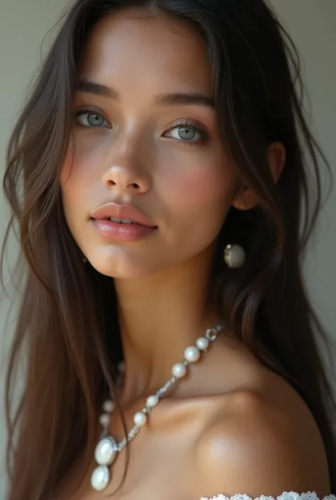 Light brown skin gray eyes long straight hair Beautiful young woman necklace with white stones oval face
