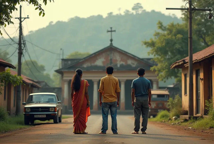 3 people of ages 30 aged male, 50 aged male and 50 aged Indian female  facing towards the old government quarters with car and lorry standing beside home near Western ghats India back shot 
