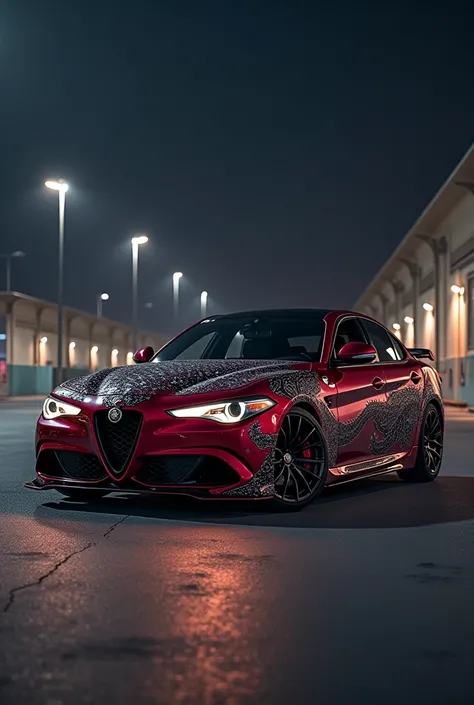 (best quality,8k,highres, masterpiece:1.2), ultra-detailed, HDR, UHD, burgundy Alfa Romeo Giulia Quadrifoglio, studio lighting, ultra-fine painting, sharp focus, physically-based rendering, extreme detail description, professional, vivid colors, bokeh, por...