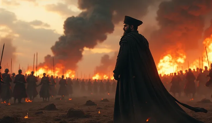 "Epic, ultra-realistic 3D cinematic matte painting of Shalahuddin Al Ayyubi standing amidst a raging battlefield, wearing black robes, black turban, and a confident expression. Around him, the ground shakes with explosions, black smoke spirals into the sky...