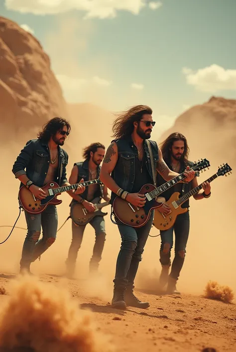 A rock band made up of four people, in a place where there is sand like a desert