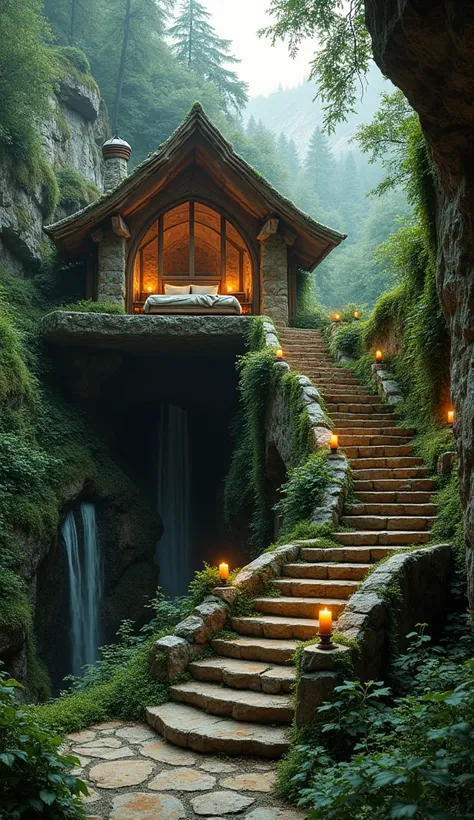  Stone Forest Cabin with Cascading Waterfall and Mossy Staircase
A forest cabin built directly into a rocky hillside, with a winding staircase carved from the natural stone. The bedroom is located inside a cozy cavern room, with moss-covered walls and a wa...