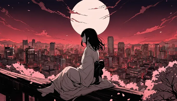 Long black hair blowing in the wind.Vast red sky。One person。full moon。((Flat Color)),((Calm colors)),Spooky atmosphere。A woman is sitting backwards。Japan。Tattered white kimono。night。Black Belt。White silk kimono。Many giant cherry blossoms。Cherry Blossoms。Ho...