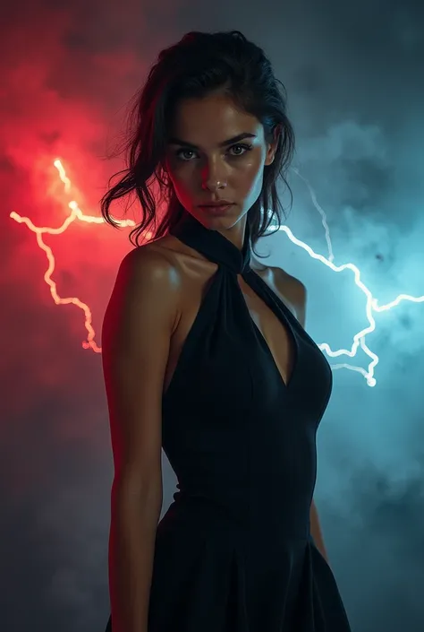 Make a a young woman wearing black classy dress fierce  facing front up to chest photo background is red and blue clouds and red and blue thunder