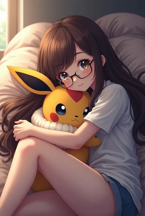 White, 1 girl, long brown hair, some freckles, 5 foot 5 inches tall, weighs 105 pounds, with glasses, wearing stockings, laying down with her umbreon plushie