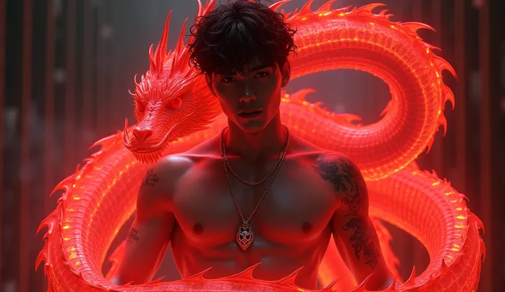 sitting down with a with a glowing red dragon coiled around a male with translucent leather outfit with high boots ,illuminating the scene with its ethereal light, A blasian Korean pale skin male, wet curly hair dyed red and black highlights with a neat fa...