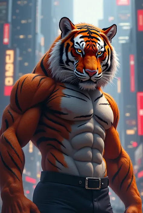 a tiger man in the tokyo 2024, highly detailed, realistic, photorealistic, cinematic lighting, 8k, award winning, beautiful detailed eyes, beautiful detailed lips, extremely detailed face and portrait, very realistic fur, muscular body, fearsome expression...