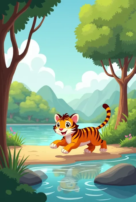 river, A tiger, Tree, Air,, Cute cartoon