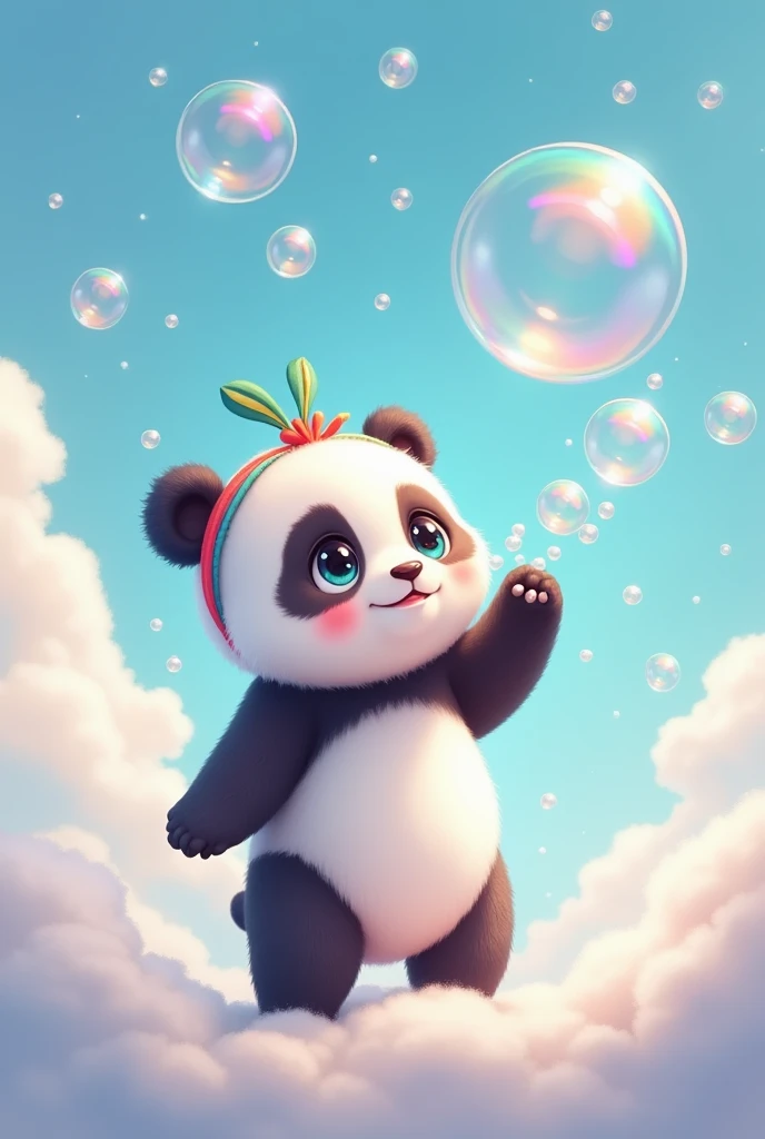 Cute panda with a hair band is blowing bubbles on clouds