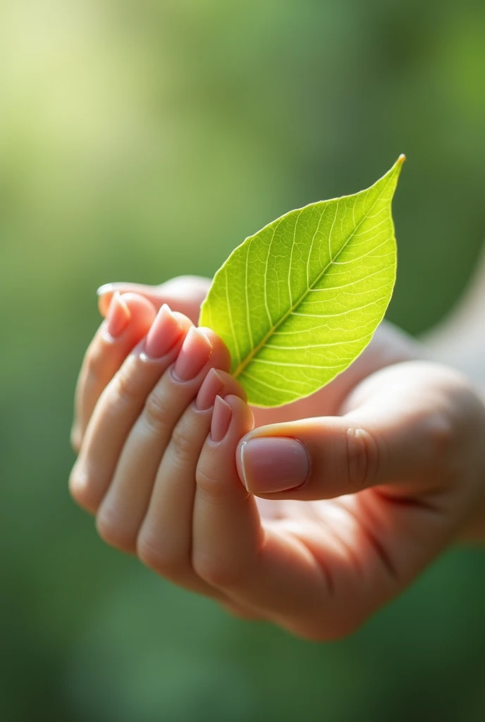 Beautiful natural nails holding lemon leaf 
