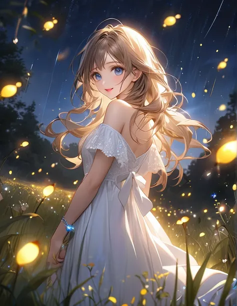 masterpiece:1.2,highest quality, highres, 16k, ultra-realistic:1.37, beautiful detailed, Beautiful girl, Standing in a beautiful posing, gently smile, flowing hair, Night Grassland, fireflies in hands, fireflies on hair, Many fireflies fly around:1.3, Fire...