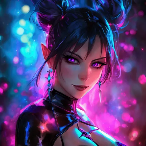 Female witch , sexy, bitch, xxx , assassin clothing, magic circle magenta fire, night light particircles, Earrings,Violet eyes, magenta ponytail,Pointed long ears, Sparkle effect, seductive smile, 