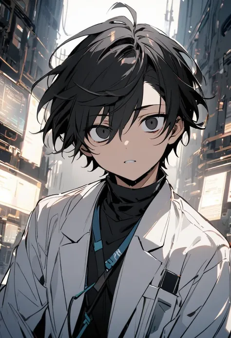 a boy with short hair, big black eyes, wearing a short white lab coat.