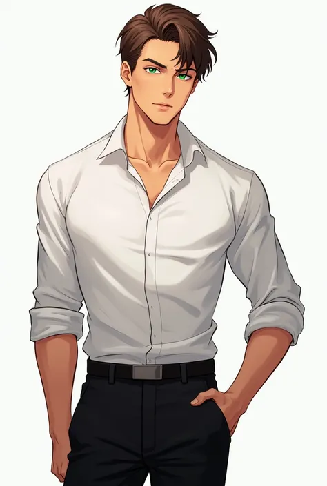 Tall, handsome man with tanned skin, short brown hair, white shirt, black pants, emerald green eyes, anime image