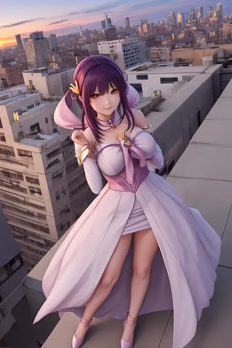 On the rooftop of a building at dusk　With both hands horizontal、Twist something in your hand　He looks at me and smiles.　Dressed in a magical girl outfit２０The most beautiful woman of the 20th century　Sexy figure