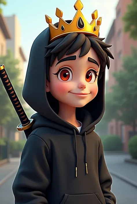 make a realistic cartoon chill boy with (black hoddie), red eye wearing crown,rounded black yellow line  & holding katana in back with smile baground realistic 

