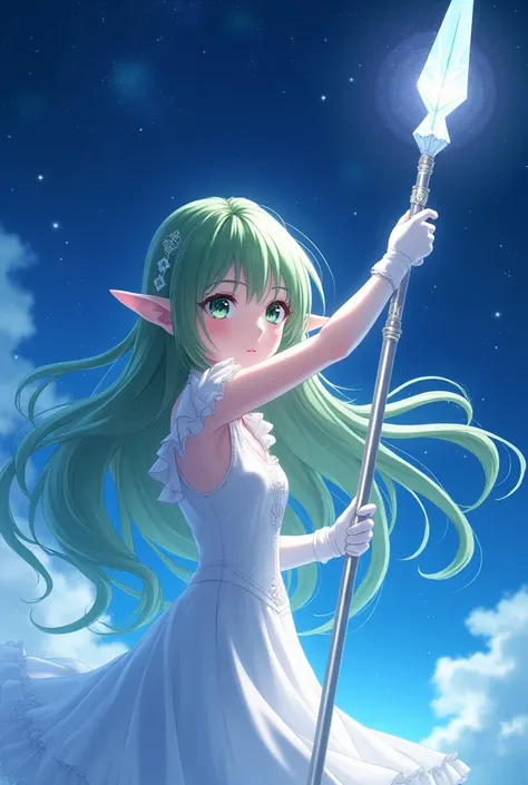 Night sky，Green long hair elf anime girl，Put on long white gloves，innocent eyes，Magic Spear￼￼￼