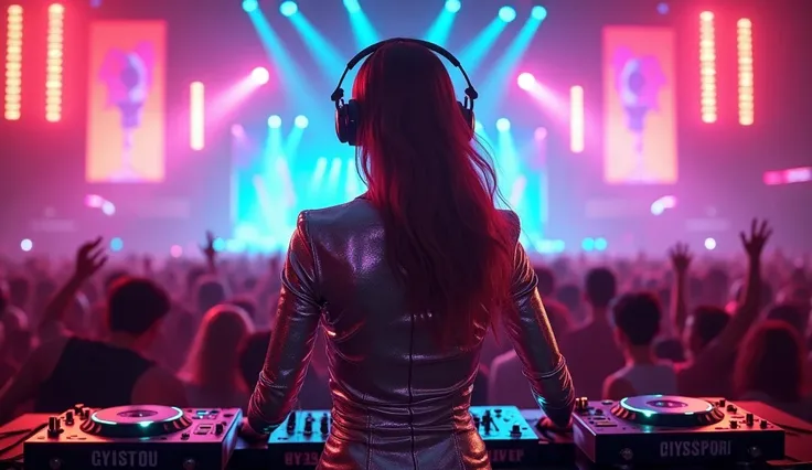 (best quality)), ((super detailed)), ((masterpiece)), photo,(girl DJ with headphones and microphone:1.4), metallic suit, performing at a vibrant (music festival:1.2) with (energetic crowd:1.1) and (colorful stage lights:1.1).