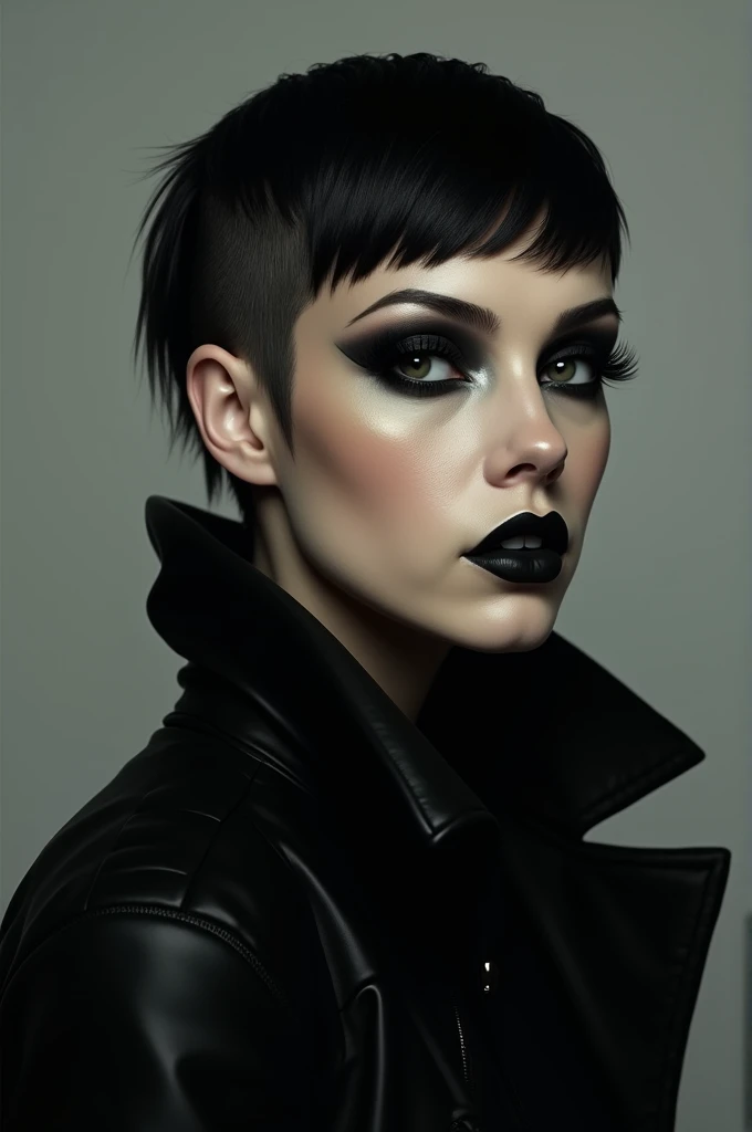 A woman with very short hair and black clothes and black makeup 