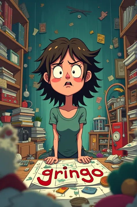 A first animated shot of a woman in a mess and the mess says gringo