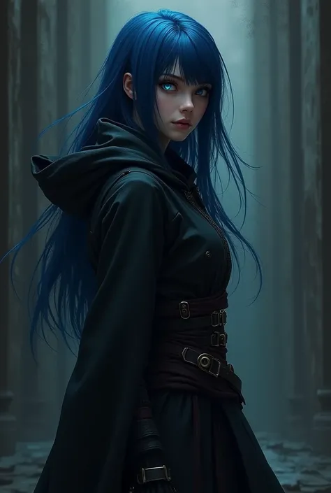 A girl with long blue hair, a red right eye and a blue left eye, wearing a black assassin&#39;s robe.