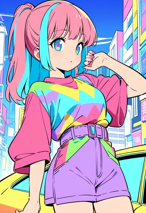 masterpiece, best quality, beautiful detailed eyes, ultra-detailed, finely detail, highres, perfect anatomy, colorful, Pastel Colors, 1girl, solo,cute pose, city pop illustration, city pop arts, simple background, retro style, vaporwave city pop, 1980s cit...