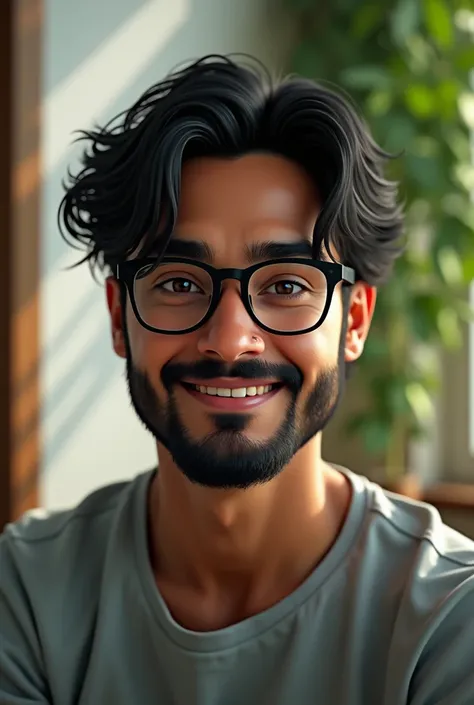 (photorealism:1.2), good looking cute Indian guy wearing rectangle shape specs, wearing shirt, medium lenght black hairs with less beard style, indoors, soft lighting, plants in background, relaxed pose with realistic look