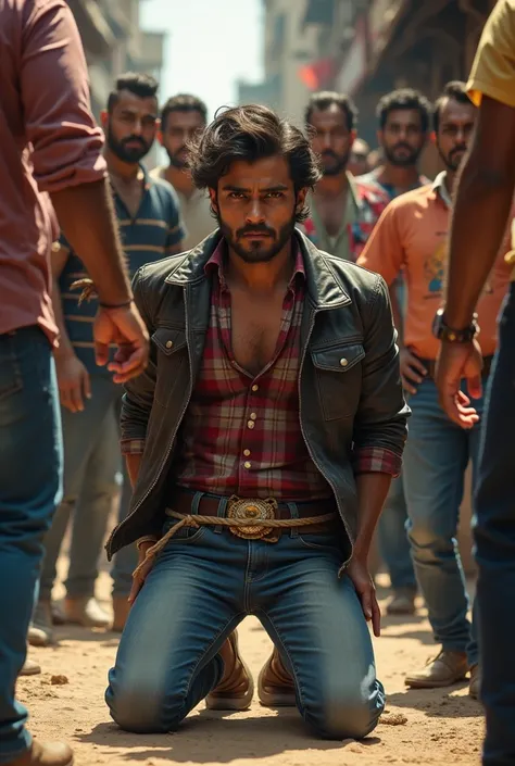 Side view of a handsome rowdy looking Young Indian man wearing long sleev check shirt with top three buttons unbuttoned dennim trousers and fasionable large buckle belt and leather jacket kneeling against the wall  of a shop in the town placing his hands b...