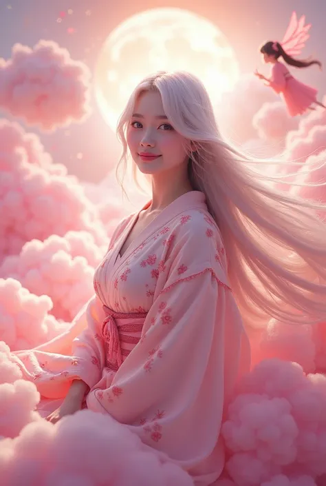 smile、Facing forward、On a pink cloud、日本人windな女性:1.3、Silver hair color、beautiful girl、Bewitching atmosphere、Bust Shot、The woman is seeing very bright lighting from the camera&#39;s side.、Looking at the camera、god、Pink、Heart patterned kimono、Decorations、Real...