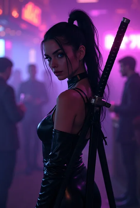 night, in a Russian bar with out-of-focus men, purple phosphorescent lights, and a single woman with black hair in a high ponytail and blue eyes, small nose, super pretty with a black leather jumpsuit and two katanas on her back, head on, handling it perfe...