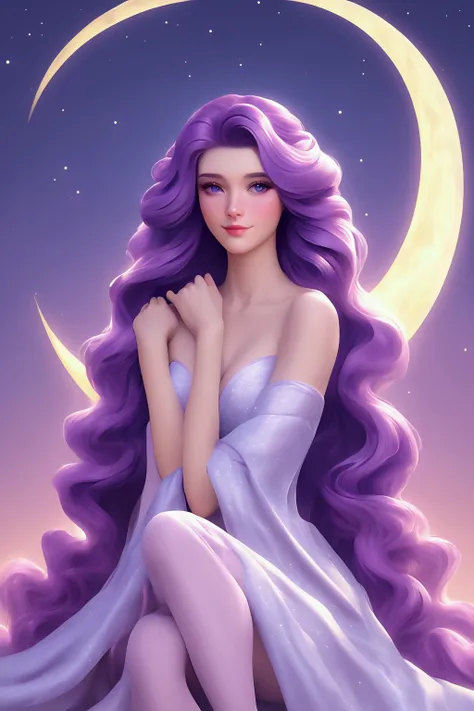 A serene goddess with flowing hair and a gentle smile, sitting gracefully on a crescent moon. She is adorned in elegant, flowing robes that shimmer with starlight. The background is a night sky filled with twinkling stars and a soft, ethereal glow. The moo...